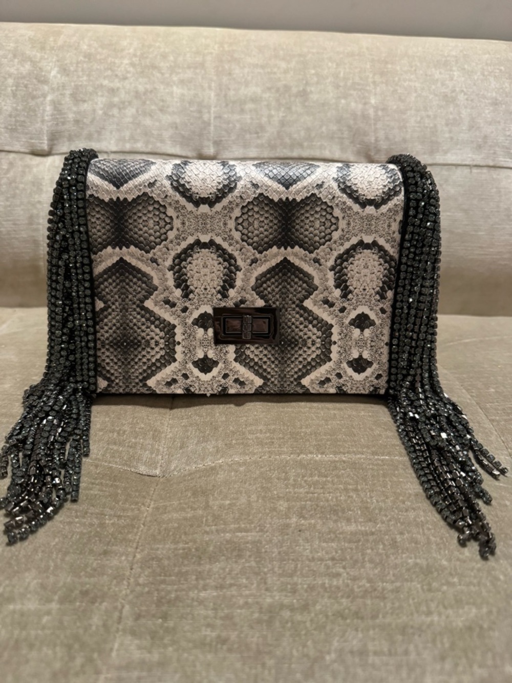 Snake-Print Fringe Crossbody Bag in Black and Cream